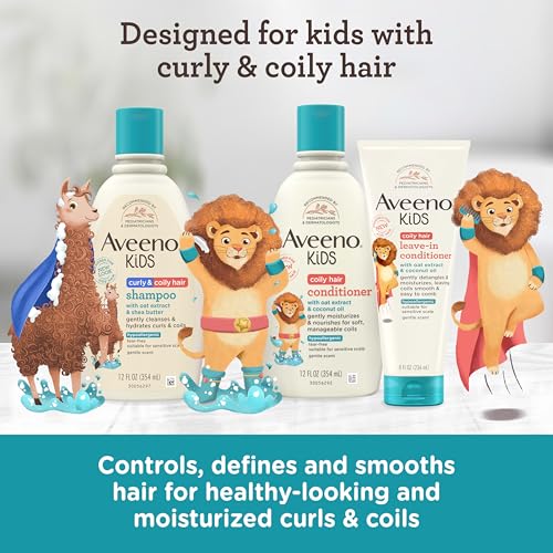 Aveeno Kids Coily Hair Leave-In Conditioner, Toddler Leave-In Conditioner for Sensitive Scalps Gently Detangles & Moisturizes Leaving Natural Curls & Coils Smooth, Hypoallergenic, 8 fl. oz