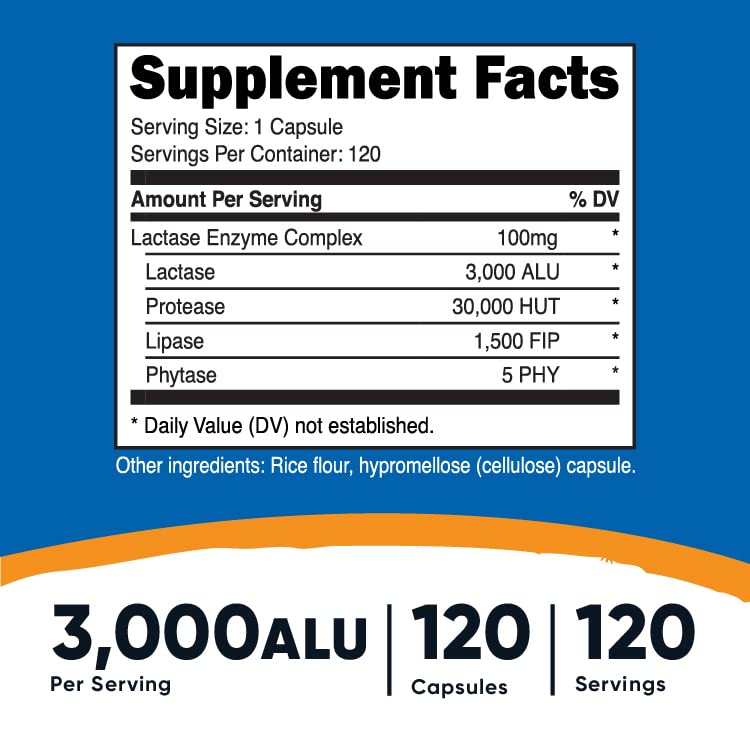 Nutricost Lactase Enzyme Complex 3,000 FCC ALU, 120 Vegetarian Capsules - Non-GMO, Gluten Free, 120 Servings