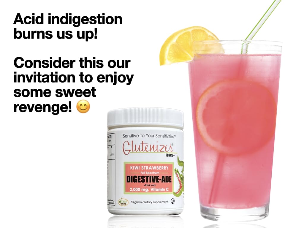 Sufficient C - Glutenizer Force Plus Kiwi-Strawberry Digestive-Ade Drink Mix - Premium, Full Spectrum Vegan enzymes Plus 2,000 mg. Gut Healing Vitamin C - Acid Indigestion & Stomach Bloat Solution