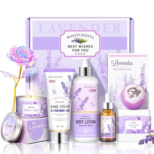 LUCOTIYA Lavender Spa Gift Set for Her,Hand Cream,Lavender Essential Oil,Body Butter ,Lavender Scented Candle,Bath Bombs,Soap