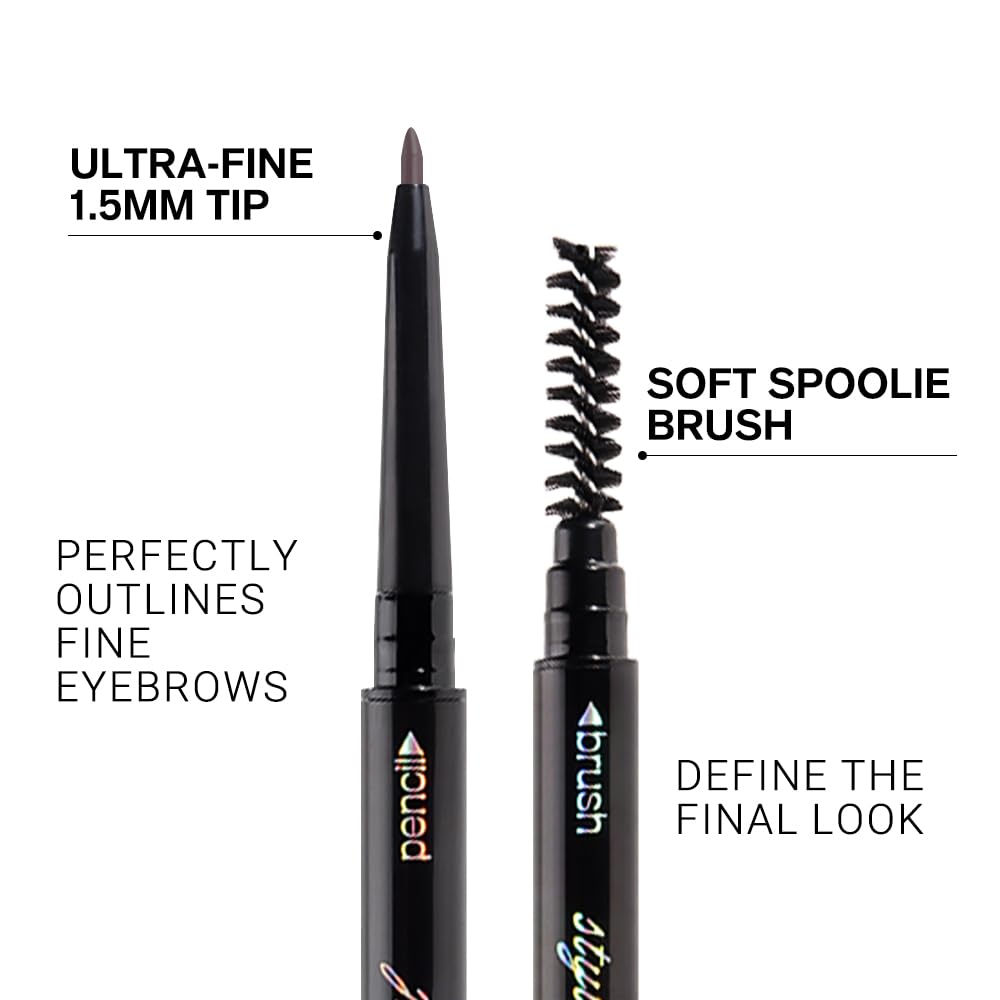 5 Pcs Dual-Sided Auto-rotate Ultra-Fine Tip Eye Brow Pencils Pack, Draws Tiny Precise Brow Makeup, Hairs, Defines, Fills Brows, Shapes, Contours, Combs, 1mm Pen Point (2*Black+2*Milk tea+Gray)