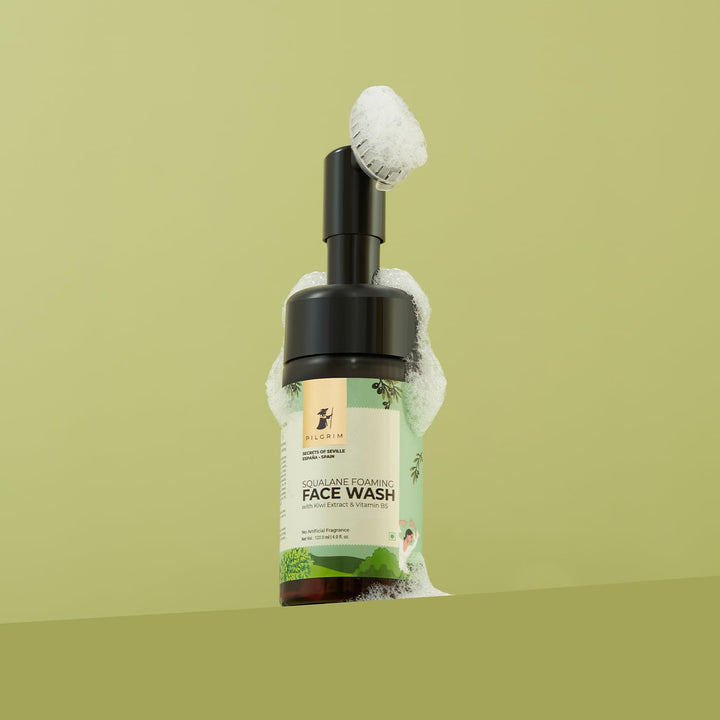 Pilgrim Squalane Foaming Face Wash | Deep Cleansing & Hydrating | Removes Dirt, Oil & Impurities | Enriched with Kiwi Extract & Vitamin B5 | Gentle & Non-Drying | 4.05 Fl Oz (120ml)