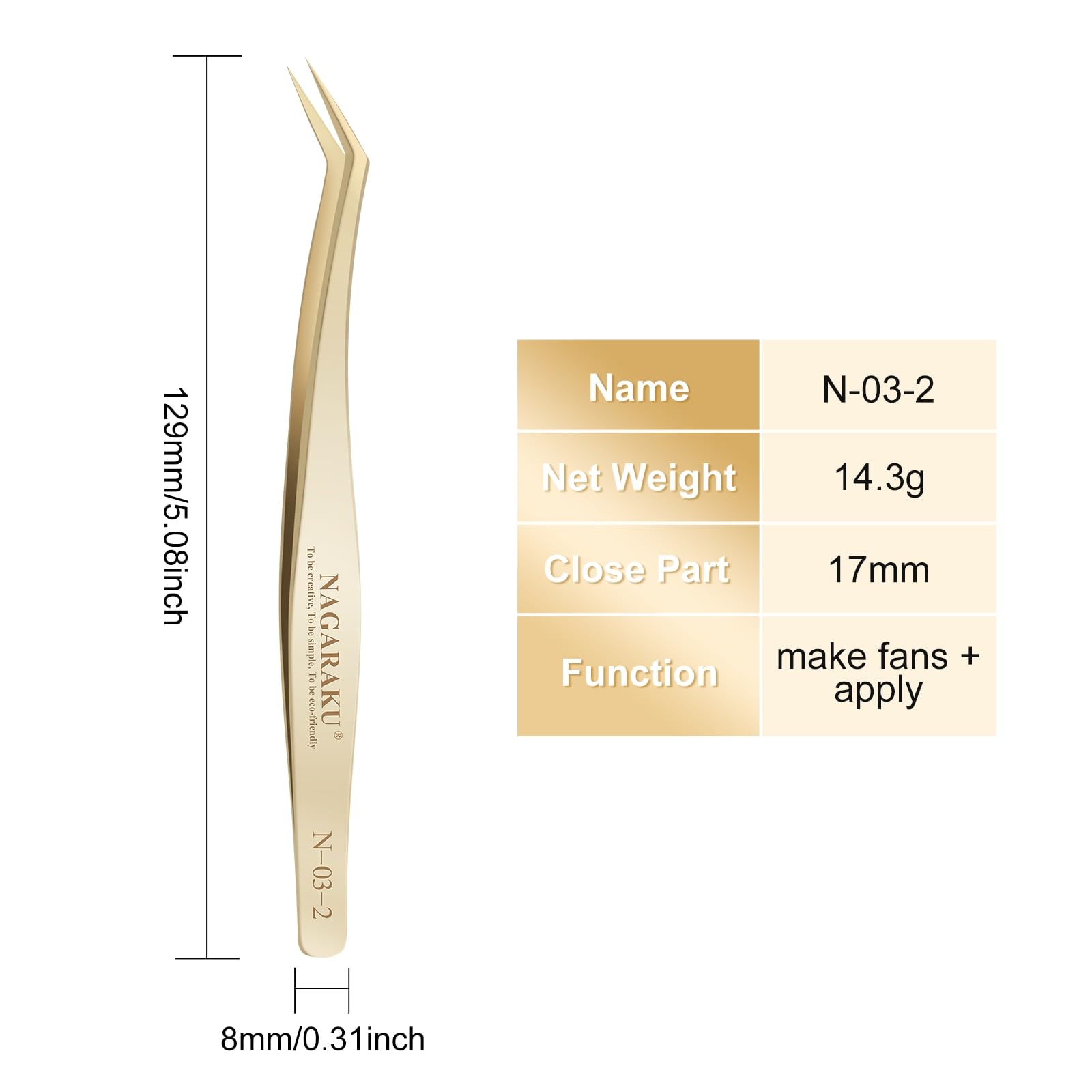 NAGARAKU Tweezers for Eyelash Extensions Gold Curved Angled Long tip Volume Cluster Super Light Weight Easy Fanning Tweezers Stainless Steel Precision (N-03-2)