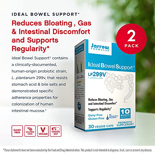 Jarrow Formulas Ideal Bowel Support - 10 Billion Organisms Per Serving - 30 Veggie Caps, Pack of 2 - Bowel Support - Reduces Bloating, Gas & Intestinal Discomfort - Up to 60 Total Servings
