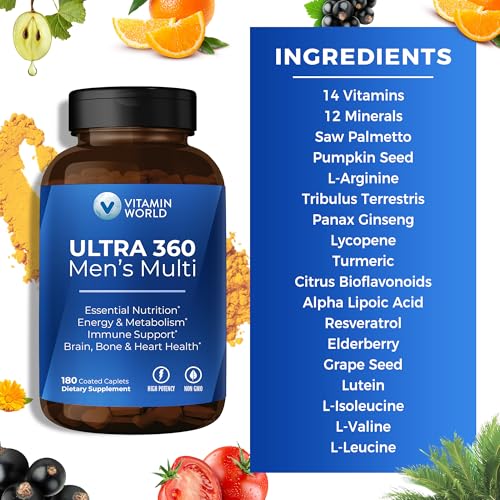 Vitamin World Ultra 360 Multivitamin for Men, Men's Multivitamin with Herbs & Antioxidants for Energy & Performance, Supplement with Vitamin A, C, D, E, B12 & Zinc for Immune Support, 180 Caplets