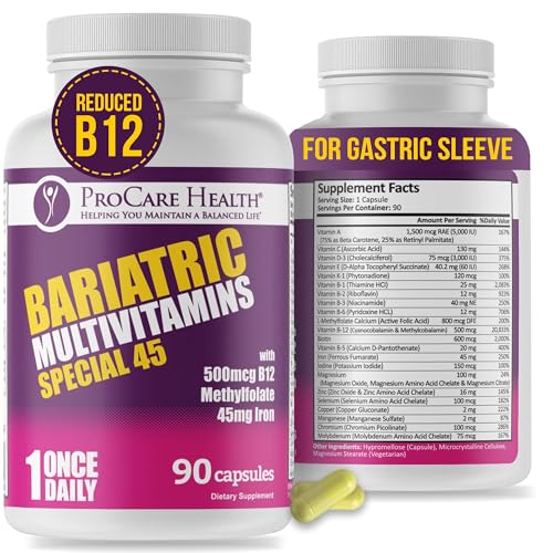 ProCare Health Bariatric Multivitamin with Iron (90 Capsule) - 45mg Iron with Reduced B12 - Post Op Bariatric Vitamins for Gastric Bypass Sleeve Patients, Sustains Recovery & Energy (03 Month Supply)