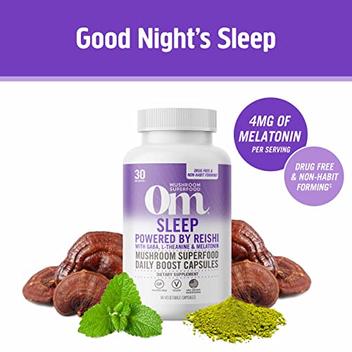 OM MUSHROOM SUPERFOOD Sleep Mushroom Capsules Superfood Supplement, 90 Count, 30 Days, Reishi, GABA, L-Theanine, Melatonin for Rest & Sleep Quality Superfood Supplement