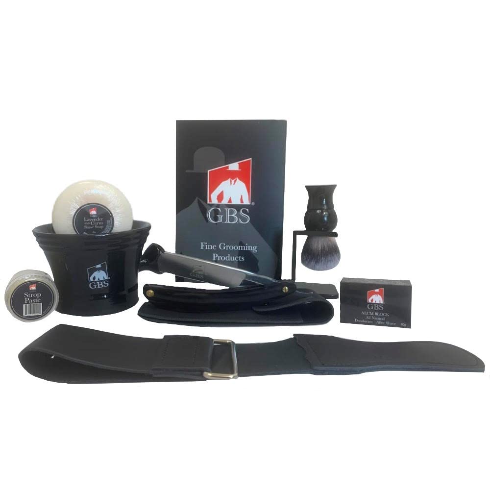 Men's Shaving Set - Premium Black Edition with Faux Horn Shave Ready Straight Razor, Leather Case, Strop,Brush, Stand, Mug & Soap!