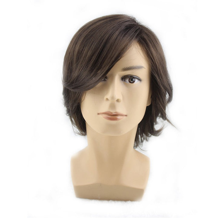 Mens Fashion Medium Style Wave Wig Dark Brown Color Wig