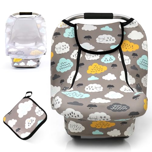 ACRABROS Car Seat Covers for Babies,All Season Infant Carseat Cover Canopy for Boys and Girls,Stretchy Adjustable Peeping Window with Mesh Cover,Warm Breathable Universal Fit,Clouds Sheep