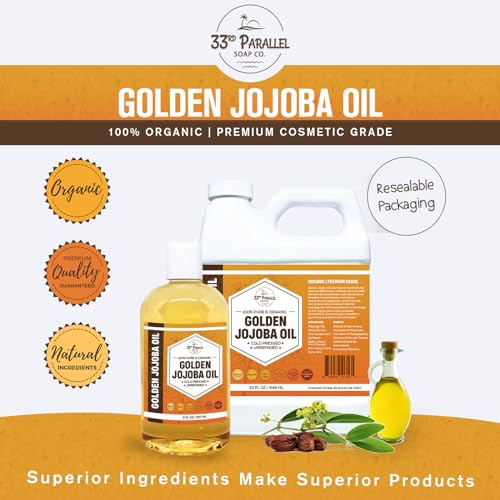 33rd PARALLEL | Golden Jojoba Oil (8 oz) Cold Pressed & Unrefined; Non-GMO; 100% Pure & Natural Hexane Free | Moisturizing Oil for Skin, Face, Hair & Nails | 8 FL OZ