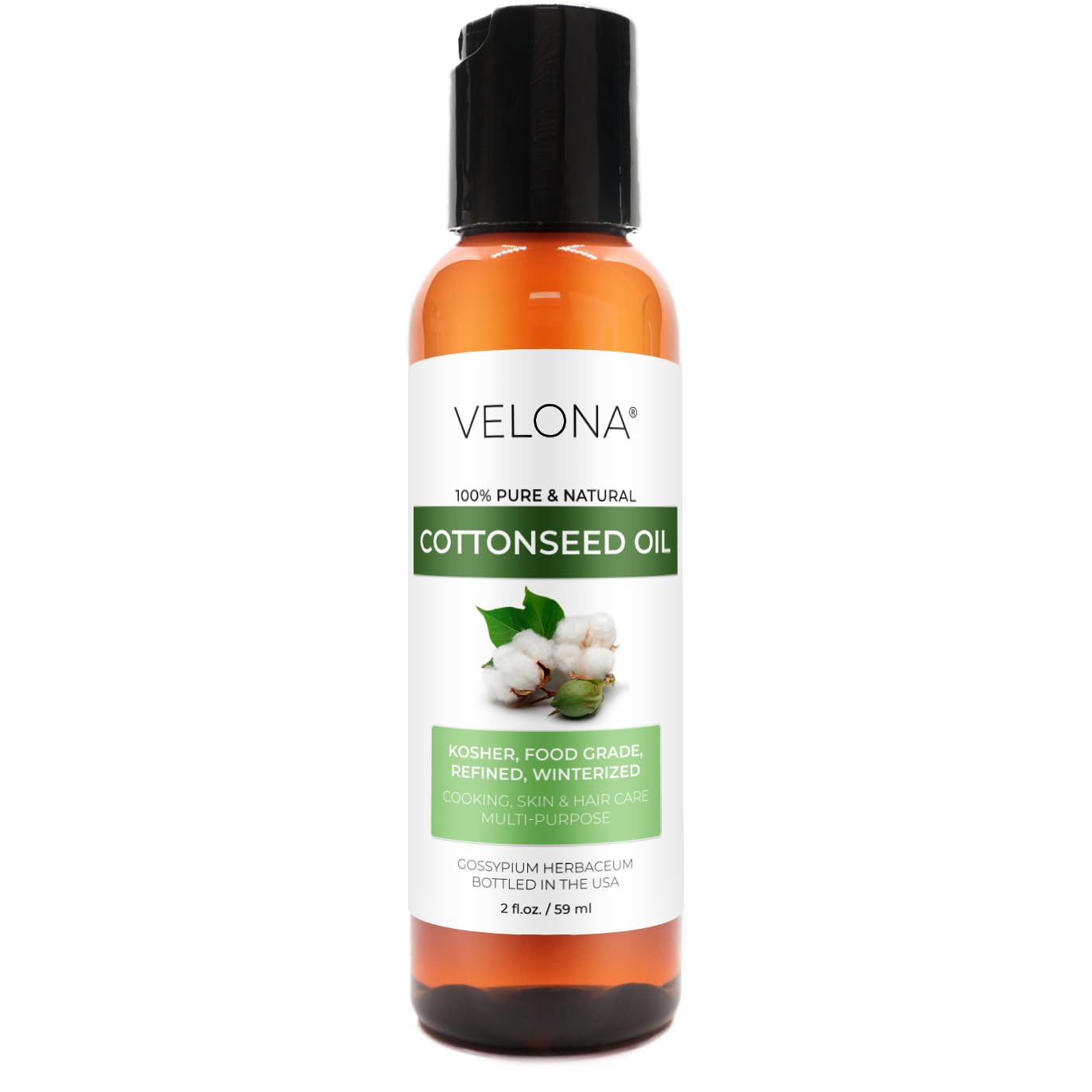 Cotton Seed Oil by Velona - 2 Fl Oz | 100% Pure and Natural Carrier Oil | Refined, Cold Pressed | Cooking, Skin, Face, Body, Hair Care | Use Today - Enjoy Results