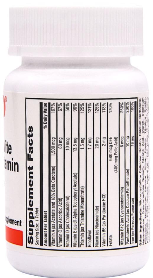 Rugby Tab-A-Vite Multivitamin with Iron and Beta-Carotene Multivitamin/Mineral Supplement - 1000 Tablets