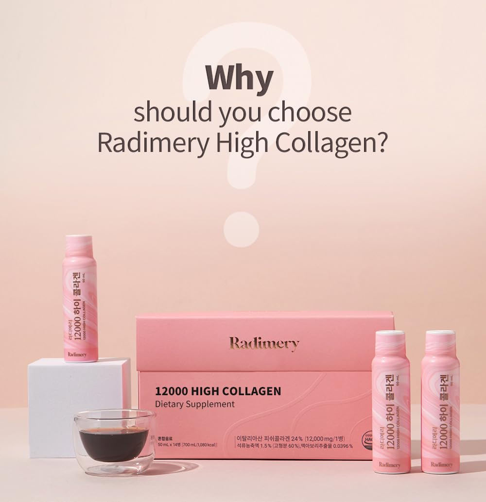 Radimery 12000 High Collagen Liquid (50ml x 5~14) - 12000mg with Hyaluronic Acid, Elastin, and Vitamin C - Supports Healthy Hair, Beautiful Skin, Nails, Strong Bones,and Essential Antioxidant (14ea)