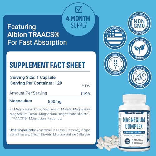 Purely Optimal Magnesium Complex 500mg w/Citrate, Malate, Taurate, Oxide, Bisglycinate Chelate, Aspartate - Magnesium Supplement for Women & Men for Sleep Aid, Muscle & Heart Health - 120 Vegan Caps