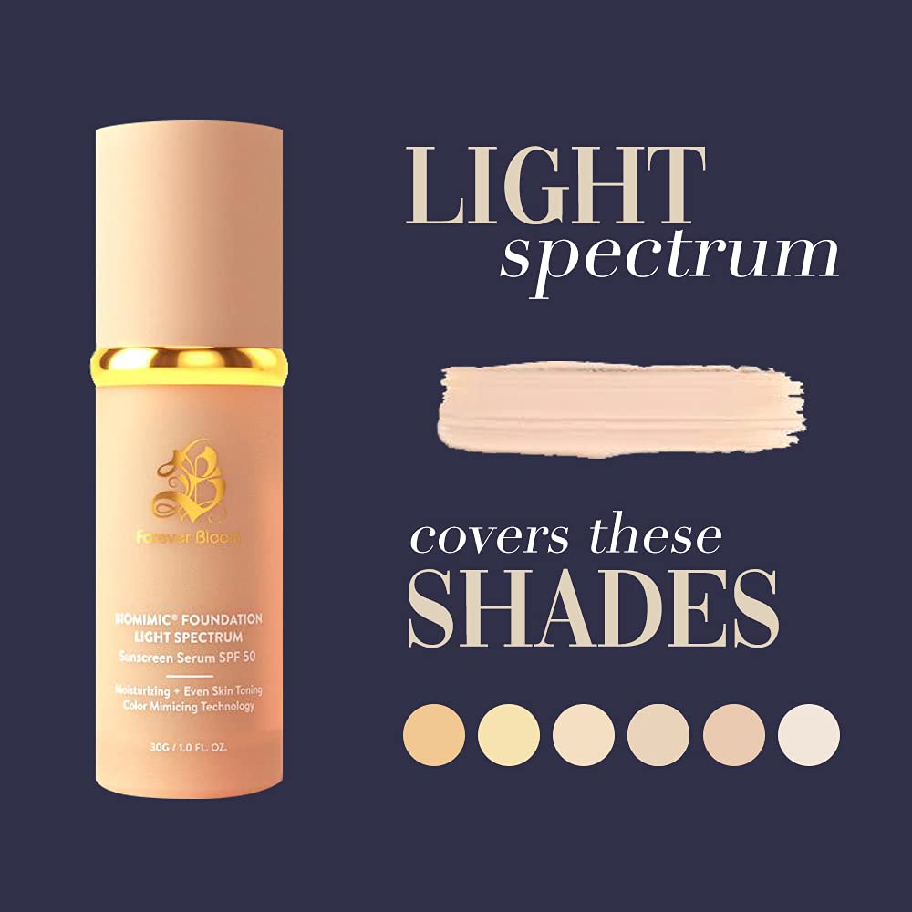 Bio Mimic Foundation Light Spectrum by Forever Bloom; Hydrating, Anti-Aging, Concealing, Evening skin tone, Protecting from Sun with SPF50; Lifestyle Lightweight Foundation for Gym, Sports, Dancing