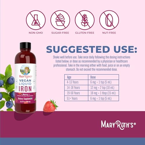 MaryRuth Organics Iron Supplement for Women Men & Kids, Liquid Iron Supplement for Women Men & Kids, Iron for Healthy Blood & Oxygen, Ages 4 & Up, Sugar Free, Vegan, Non-GMO, Gluten Free, 15.22 Fl Oz