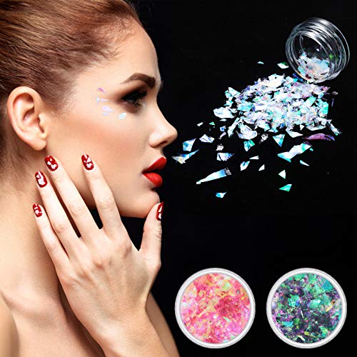 Mermaid Iridescent Chunky Glitter Flakes Chrome Nail Sequins Aurora Holographic Mermaid Nail Glitter Flakes Glitters Chunky Iridescent Flakes for Face Eyes Body Hair Nail Decoration(12 Boxes)