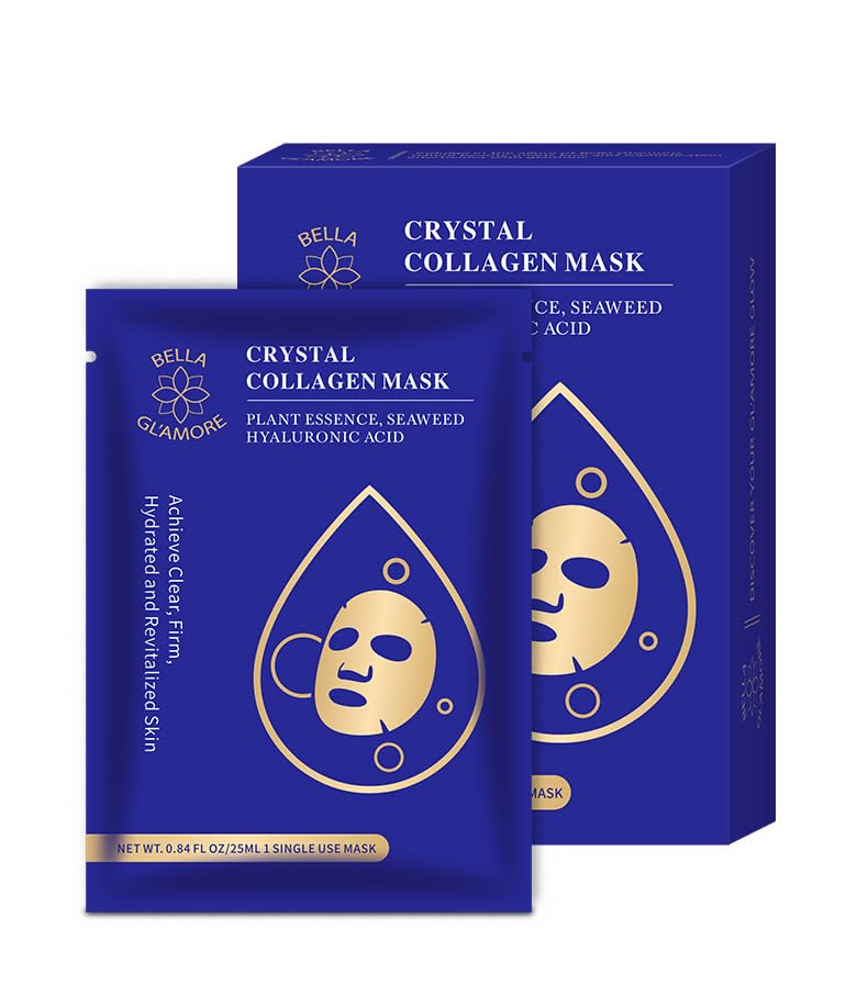 Bella Gl'amore Crystal Collagen Beauty Facial Mask, Facial Spa Mask, Plant Essence, Seaweed, Hyaluronic Acid, Hydrating, Moisturizing, Revitalizing, Anti-Aging, 10-Pack