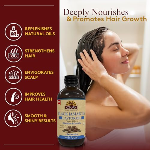 OKAY Pure Naturals Black Jamaican Castor Oil with Argan Oil - Castor for Hair Health, Moisture for Skin, Face, Scalp, Eyelashes, Eyebrows, for Men & Women - 4 Fl Oz Glass Bottle (1 Pack)