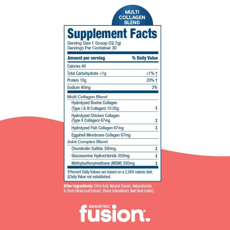 Bariatric Fusion Strawberry Banana Multi Collagen Protein Powder | Plus Joint Support Complex of MSM and Glucosamine | Dairy, Gluten & Soy Free | Non-GMO | 30 Servings