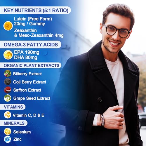 Sugar Free Lutein 20mg 40mg and Zeaxanthin Gummies for Eyes with Omega 3 (EPA 190mg & DHA 80mg), Eye Vitamins Filled Gummies Plus Bilberry, Goji Berry & Saffron, Eye Health Supplements - Vegan, 60Cts