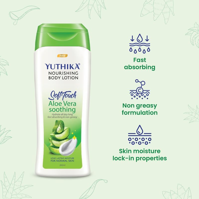 Yutika SoftTouch Nourishing Body Lotion For Women And Men, All Day Long Lasting, Non Greasy, Fast Absorbing Lotion for Dry & Normal Skin (Aloe Vera, 10.14 Fl Oz)