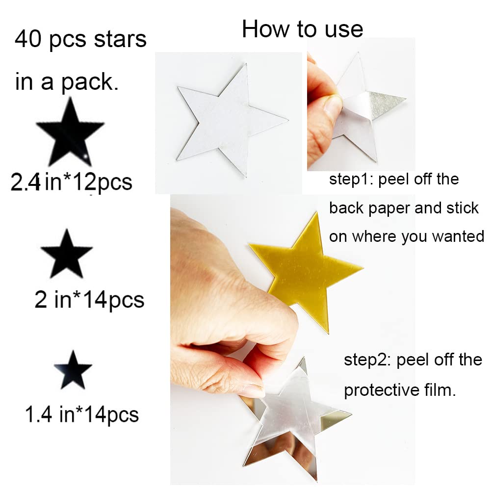 40Pcs Silver Stars Acrylic Mirror Wall Stickers with Adhesive Art Decal Satin Paper Baby Kids Bedroom Home DIY Decor Removable Stickers (Silver Stars)