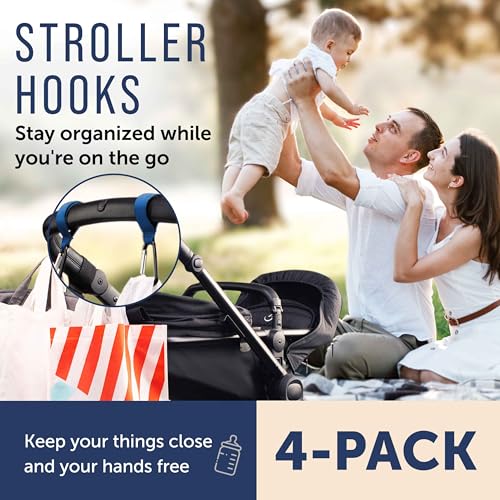 [4 Pack] Stroller Hooks for Bags to Organize Your Day Out - Secure Hold Velcro Stroller Hooks for Hanging Bags - Easy to Attach Stroller Clips for Bags - Portable Stroller Bag Hook - Stroller Hook