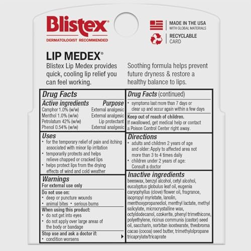 Blistex Lip Medex Stick, 3 Count, 0.15 oz Each, Advanced Hydration, Medicated Relief with Cooling, Soothes and Protects, Restores Healthy Moisture Balance to Lips, 1 Pack