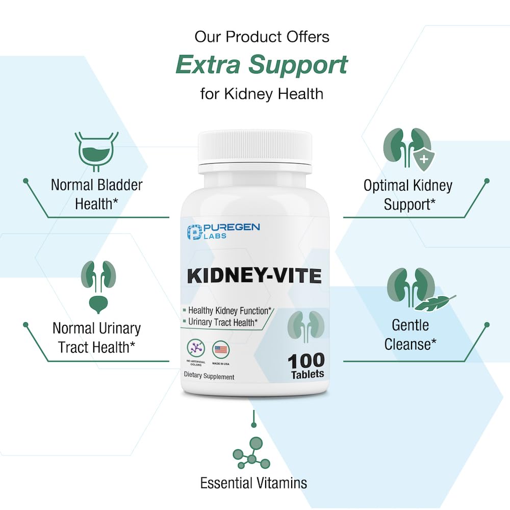 Puregen Labs Kidney-Vite | Premier Kidney, Renal Support | Non-GMO, Gluten-Free, No Artificial Color Additives | 2 Pack – Total 200 Tablets