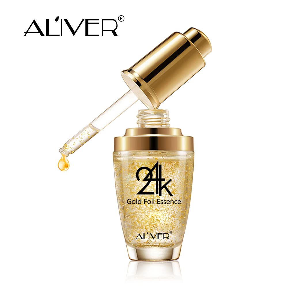 24K Gold Foil Essence Anti Aging & Wrinkle Moisturizing Firming Face Serum Treatment for Women Skin Care Hyaluronic Acid Liquid (30ml)