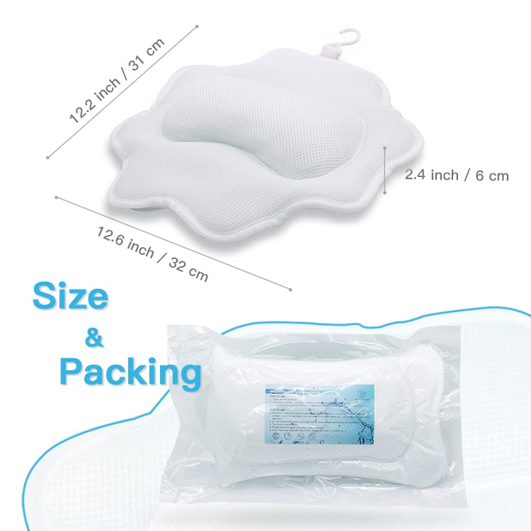 Bathtub Spa Pillow, Non-Slip 4 Strong Suction Cups, Bath Pillows for Tub, Head, Neck, Shoulder Support, Breathable Relax Comfort