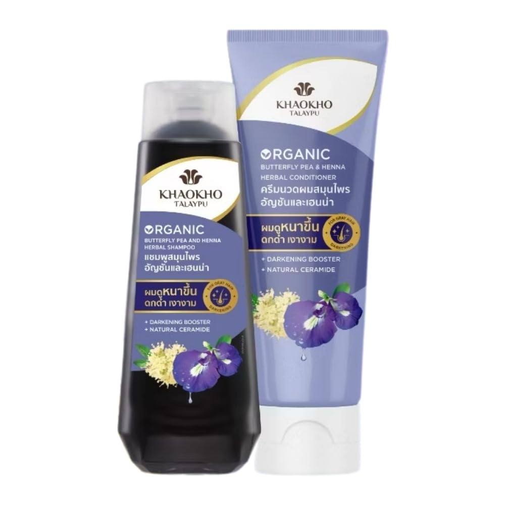 Herbal Shampoo & Conditioner - Butterfly Pea and Henna Extracts, Strengthen Hair Roots, Prevent Gray Hair Silver hair 185 ml (6.25 oz) each, Paraben Free, Sulfate free shampoo 100% Natural