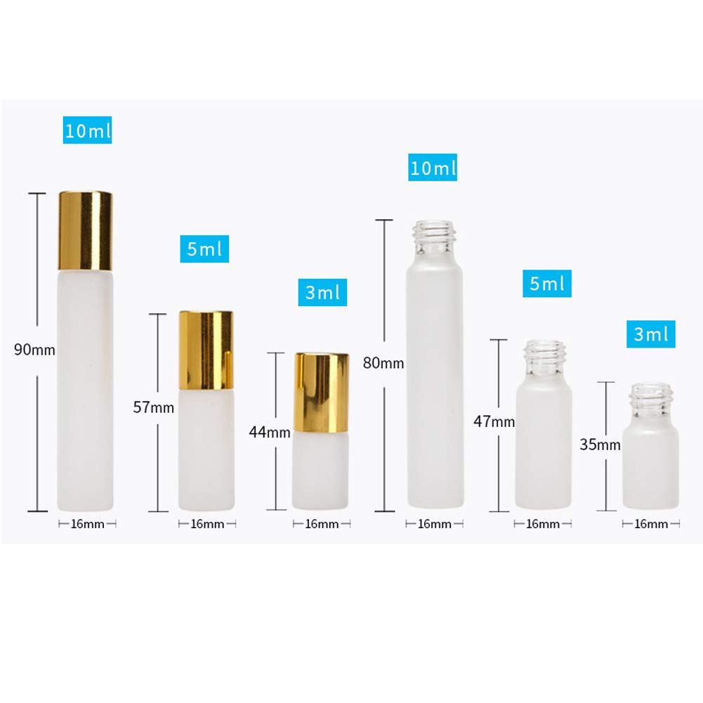 12Pcs 10ml Refillable Empty Frosted Glass Roller Bottles Vials Cosmetic Container with Stainless Steel Roller Ball and Gold Cap for Essential Oils, Aromatherapy, Perfumes and Lip Balms, 3 ml Dropper