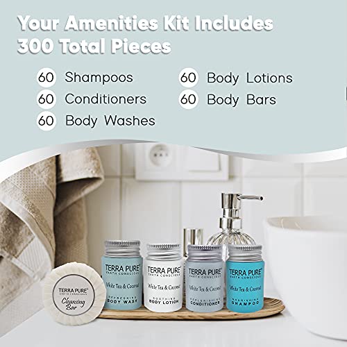 Terra Pure White Tea & Coconut Toiletries Set | 1-Shoppe Amenities Kit | 1oz Shampoo & Conditioner, Body Wash, Lotion, 1.25oz Bar Soap | Travel Size | 300 Pieces