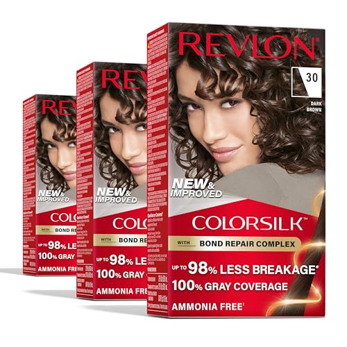 Revlon ColorSilk with Bond Repair Complex, Brown Permanent Hair Color, 100% Gray Coverage, Ammonia Free Hair Dye, Vegan Keratin, 30 Dark Brown (Pack of 3)