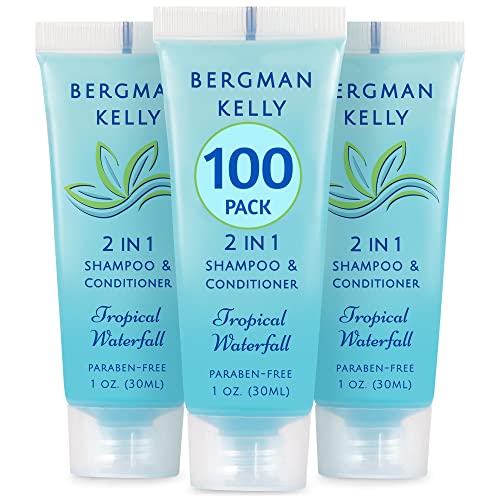 Bergman Kelly - Travel Size 2 in 1 Shampoo & Conditioner - 1 fl oz, 100 PK, Tropical Waterfall - Delight Your Guests w/Invigorating & Refreshing Shampoo Amenities - Small Hotel Toiletries in Bulk