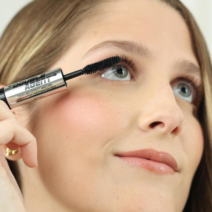 Palladio Double Agent Lash Extender Undercover Fiber Booster Mascara, dual lash system, increase eyelash length and volume, boost lashes for a bold dramatic look, voluminous makeup mascara, Jet Black