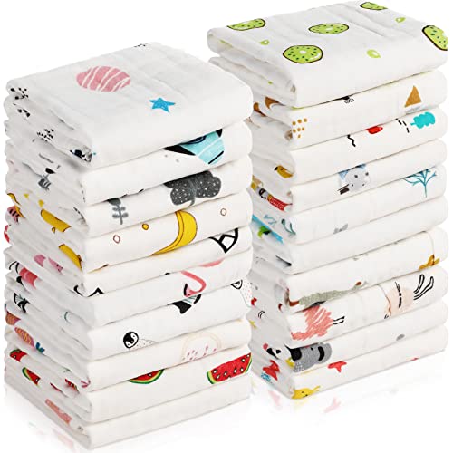 20 Pack Muslin Baby Burp Cloths Large 20 x 10 Inches Cotton Baby Burp Rags Towel and Washcloths Face Towels 6 Layers Super Absorbent for Infant Shower,20 Styles