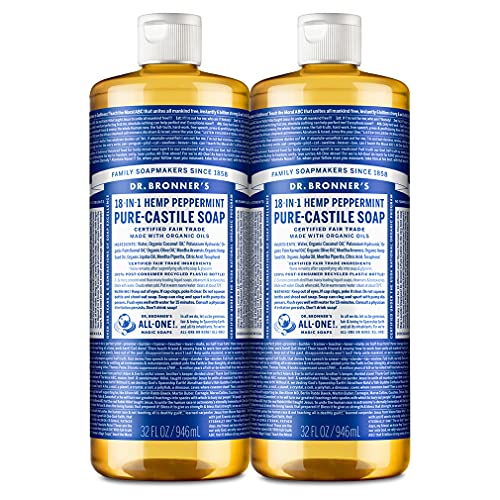 Dr. Bronner's - Pure-Castile Liquid Soap (Peppermint, 32 ounce, 2-Pack) - Made with Organic Oils, 18-in-1 Uses: Face, Body, Hair, Laundry, Pets and Dishes, Concentrated, Vegan, Non-GMO