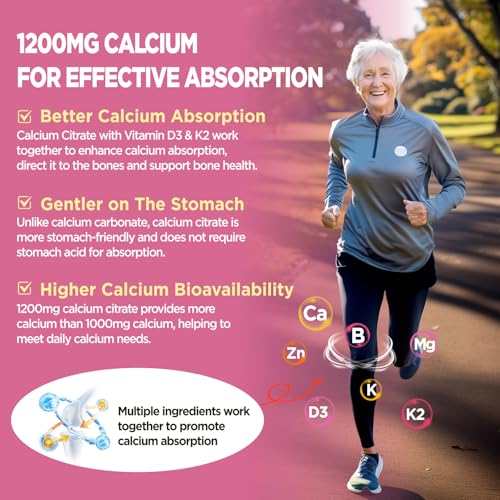Calcium Citrate Gummies 1200 mg, Chewable Calcium Supplements for Women & Men with Vitamin D3, K2, Magnesium, Zinc, Potassium, Boron, Sugar-Free, Vegan, Immune & Bone Support, 60 Gummies