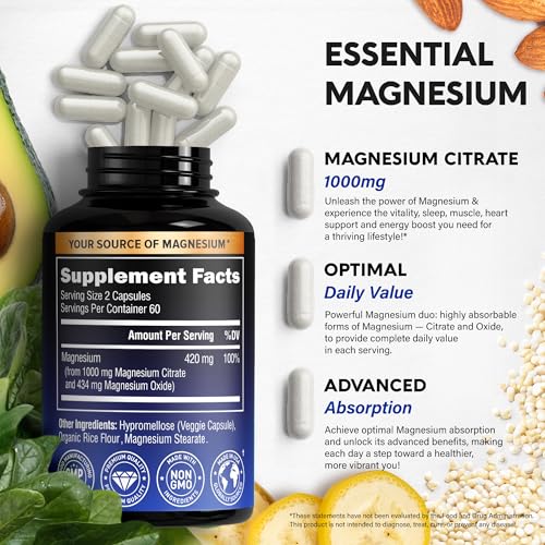 Magnesium Citrate Capsules 1000mg | High Absorption Supplement - Sleep, Muscle & Heart Support - Vegan | Non-GMO - Made in USA - As Powder | Pills | Tablets - 120 Capsules, 2 Month Supply
