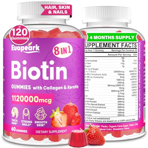 Biotin Gummies for Women and Men, 8 in 1 Organic Formula, Max Strength Biotin and Collagen Gummies with Keratin, Folic Acid & Vitamins, for Hair Growth, Skin and Nails Supplement, Sugar Free,120 Count