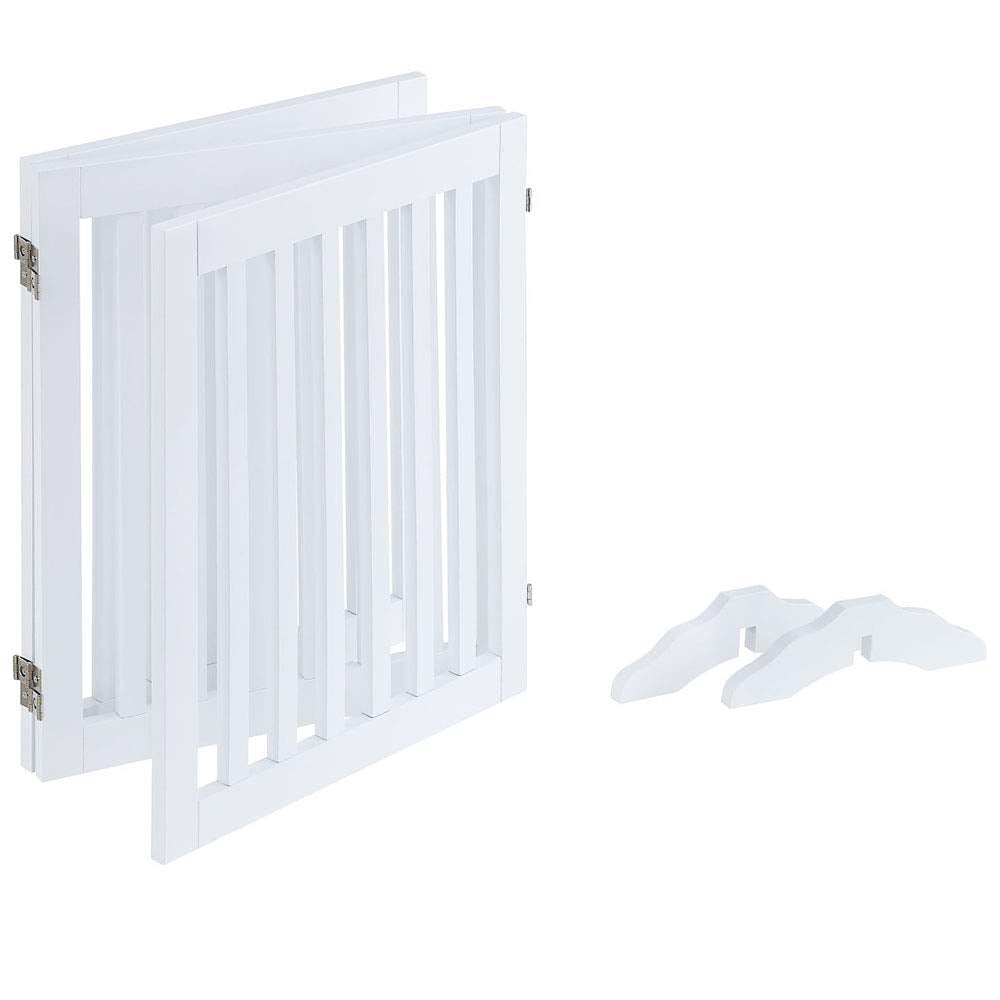 unipaws 24”H Free Standing Pet Gate for Dog Cat, Wooden Dog Gates for Doorway, Stairs, Step Over Foldable Pet Fence for The House, Expandable Dog Barrier, Indoor Use, White