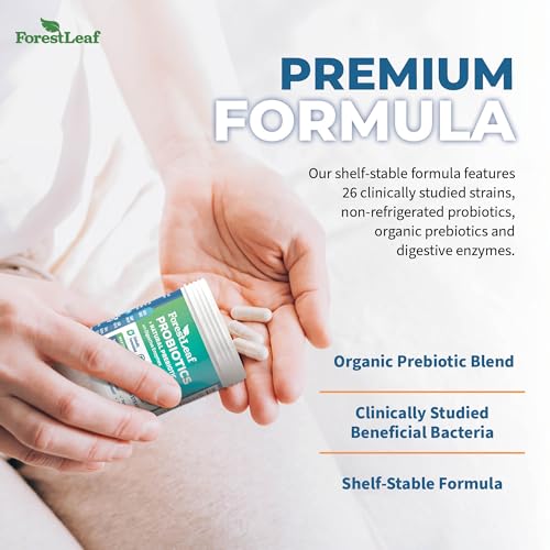 ForestLeaf Clinically Studied Probiotics 100 Billion CFU, 26 Strains with Organic Prebiotic Blend & Digestive Enzymes - Probiotic Prebiotic for Men & Women - Probiotics Digestive Health (30 Capsules)