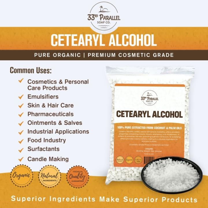 CETEARYL Alcohol (1 lbs / 16 oz) 100% Pure Extracted from Coconut & Palm Oils. Premium Granules Cetearyl Alcohol for Lotion Making, Creams, Scrubs, Shampoos, Conditioners, Moisturizers | 1 Pound