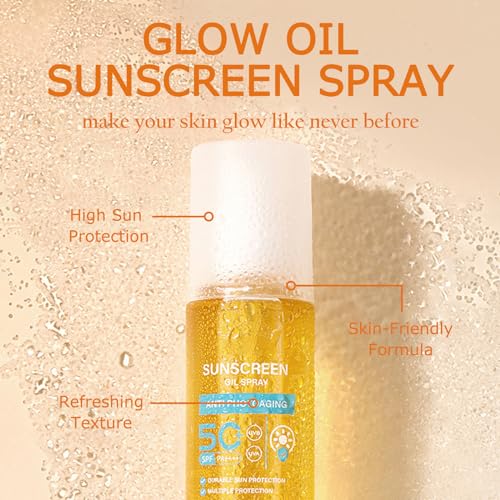KYDA Oil Sunscreen Spray, Glow Oil Sunscreen Mist SPF 50, Lightweight Hydration Refreshing Sun Protect Spray, Broad Spectrum UVA/UVB Protection