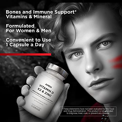 Amen Vitamin D, K2 & Zinc, Cholecalciferol D3 5000 IU, Organic Whole Food Blend with Apple, Blueberry, Cranberry, Elderberry Powder Fruits, Vegan Supplement, D3 K2 Vitamins, Non-GMO - 60 Capsules