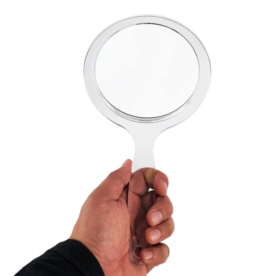 Clear acrylic handheld double sided mirror with a 10X/1X magnification 5.5 diameter